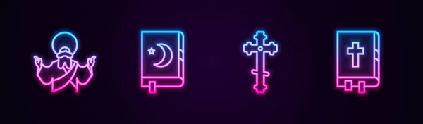 耶稣基督 可兰经 基督教十字架和圣经的圣经 发光的霓虹灯图标 — 图库矢量图片