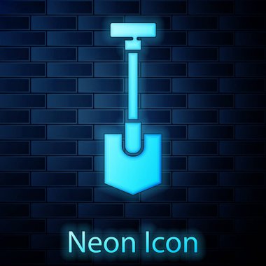 Parlayan neon Kürek simgesi tuğla duvar arka plan izole. Bahçıvanlık aleti. Bahçecilik, tarım, tarım için bir araç. Vektör İllüstrasyonu.