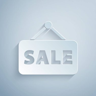 Kağıt kesiği. Gri arkaplanda izole edilmiş metin satışı simgesi. Mesaj indirimli tabela. Kağıt sanatı tarzı. Vektör İllüstrasyonu.