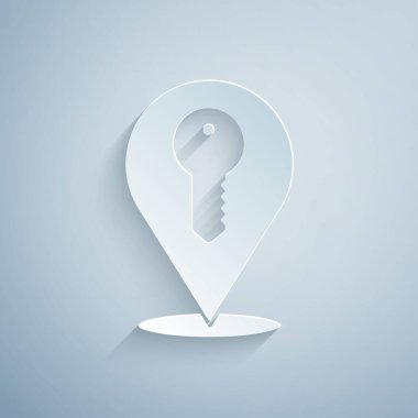 Paper cut Location key icon isolated on grey background. The concept of the house turnkey. Paper art style. Vector.