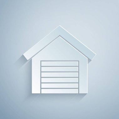 Kağıt kesiği Garaj simgesi gri arkaplanda izole edildi. Kağıt sanatı tarzı. Vektör.