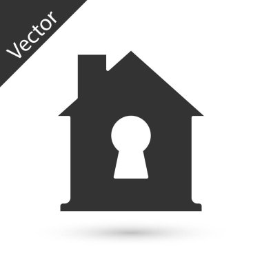 Gri Ev koruma altında, beyaz arka planda izole edilmiş bir ikon. Ev ve kalkan. Koruma, güvenlik, güvenlik, koruma, savunma konsepti. Vektör.