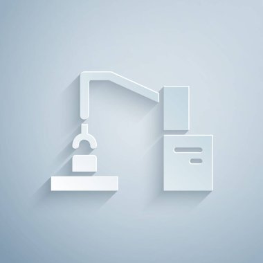 Kağıt kesiği Endüstriyel Robot Robot Kol Fabrikası ikonu gri arka planda izole edildi. Endüstriyel robot manipülatörü. Kağıt sanatı tarzı. Vektör.