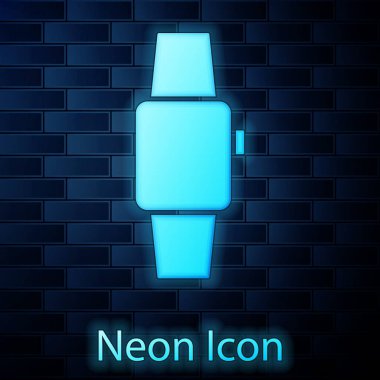 Parlayan neon renkli Smartwatch simgesi tuğla duvar arka planında izole edilmiş. Vektör.