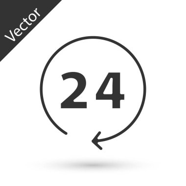 Gri Saat 24 saat simgesi beyaz arkaplanda izole edildi. Tüm gün döngü simgesi. 24 saat hizmet sembolü. Vektör.