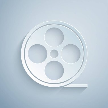 Kağıt kesiği film makarası simgesi gri arkaplanda izole edildi. Kağıt sanatı tarzı. Vektör.
