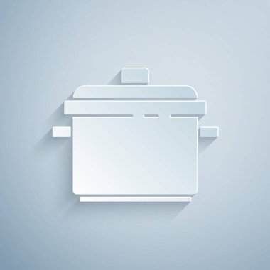 Kağıt kesiği, gri arkaplanda izole edilmiş tencere ikonu. Haşlama ya da güveç besin sembolü. Kağıt sanatı tarzı. Vektör.