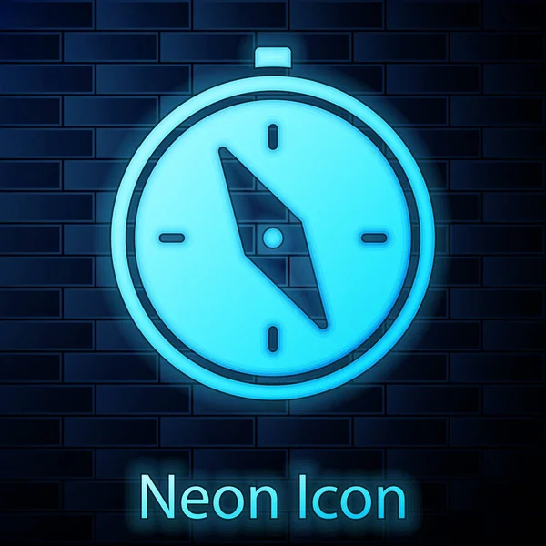 Zářící Neon Kompas Ikona Izolované Cihlové Zdi Pozadí Windrose Navigační — Stockový vektor