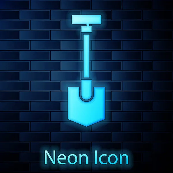 Leuchtende Neon Schaufel Symbol Isoliert Auf Backsteinwand Hintergrund Gartenwerkzeug Werkzeug — Stockvektor