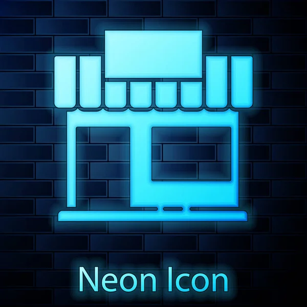 Glödande Neon Shopping Byggnad Eller Butik Ikon Isolerad Tegel Vägg — Stock vektor