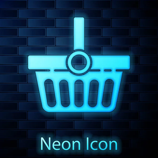 Glowing Neon Shopping Basket Icon Isolated Brick Wall Background Online — Stock Vector