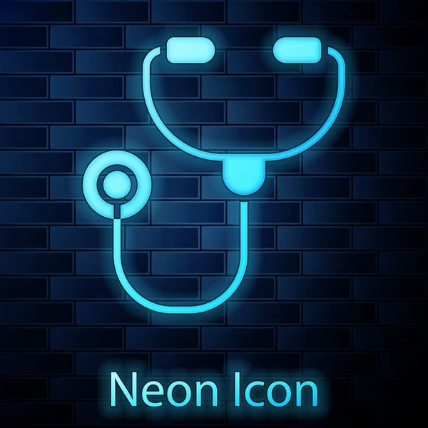 Leuchtendes Neon Stethoskop Medizinisches Instrument Ikone Isoliert Auf Backsteinwand Hintergrund — Stockvektor