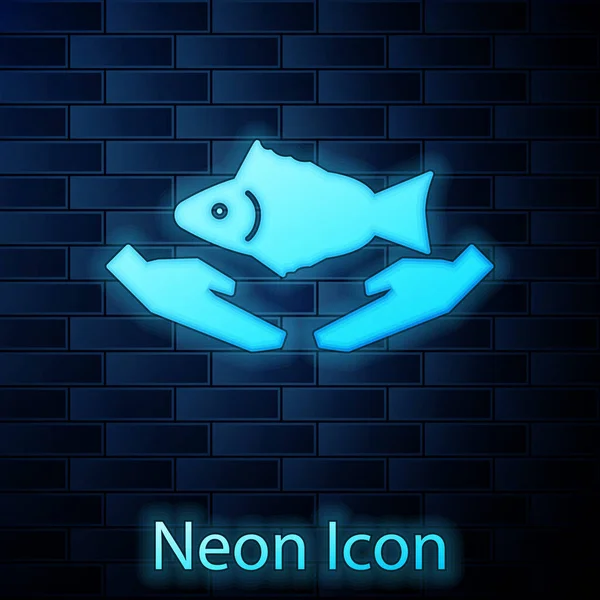 Parlayan Neon Balık Bakım Ikonu Tuğla Duvar Arkasında Izole Edilmiş — Stok Vektör