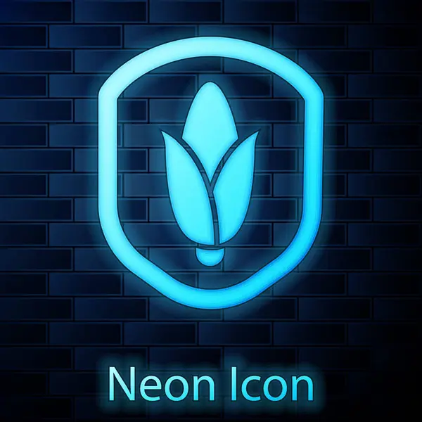 Glowing Neon Shield Corn Icon Isolated Brick Wall Background Security — Stok Vektör