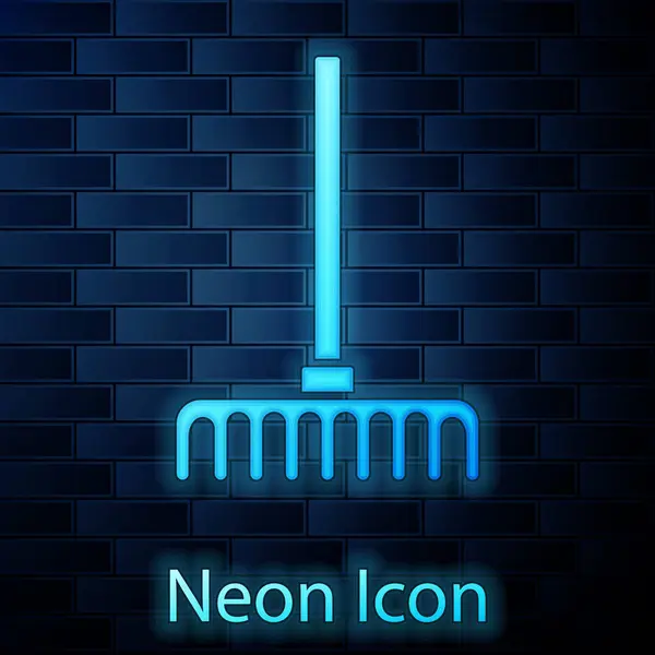 Glowing Neon Garden Rake Icon Isolated Brick Wall Background Tool — Stock Vector