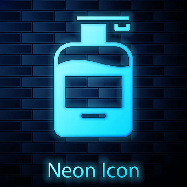 Glowing Neon Bottle Liquid Antibacterial Soap Dispenser Icon Isolated Brick — Stock Vector