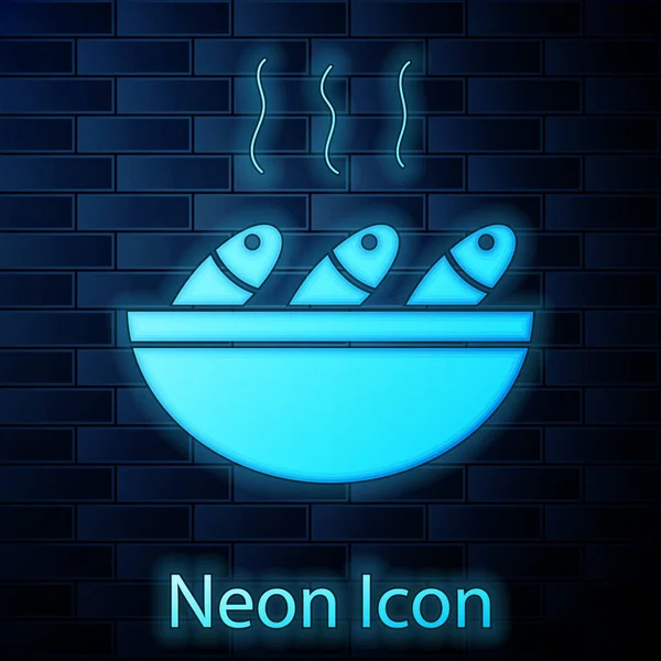Glowing Neon Fish Soup Icon Isolated Brick Wall Background Vector — Stockvektor
