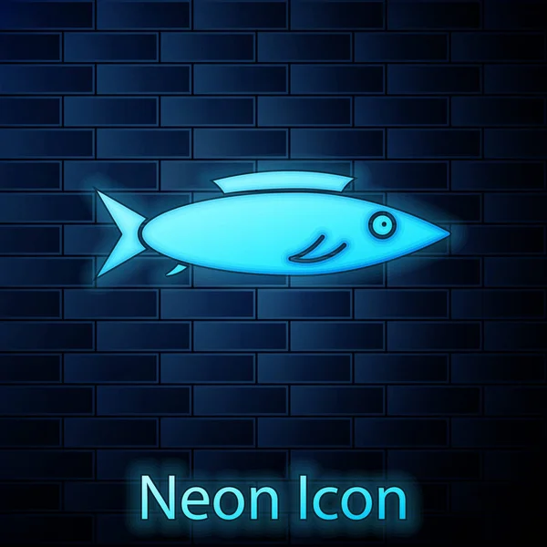 Świecący Neon Ikona Ryby Izolowane Tle Cegły Ściany Wektor — Wektor stockowy