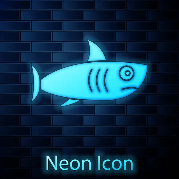 Icône Requin Néon Brillant Isolée Sur Fond Mur Briques Vecteur — Image vectorielle