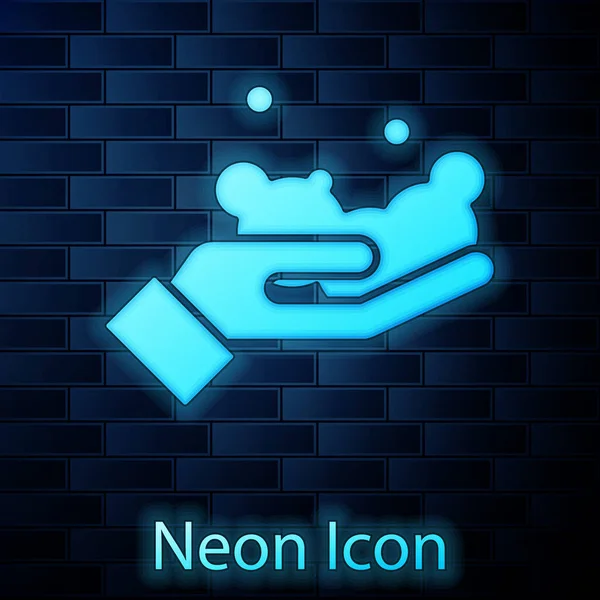 Žhnoucí Neon Mytí Rukou Ikonou Mýdla Izolované Pozadí Cihlové Stěny — Stockový vektor