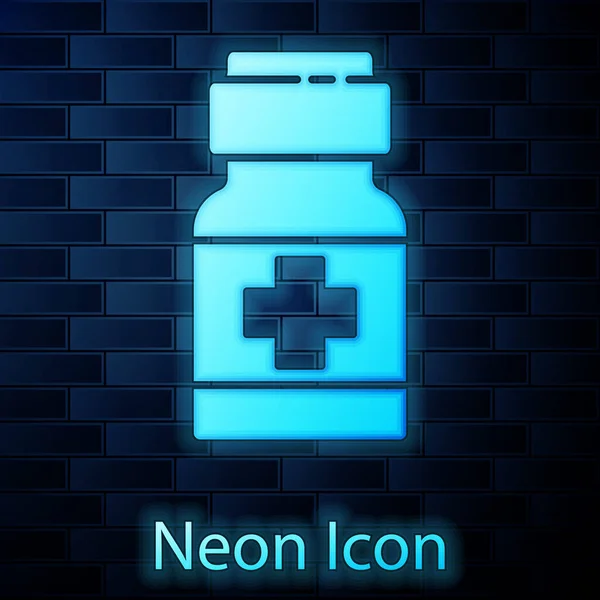 Bottiglia Luminosa Neon Medicina Pillole Icona Isolata Sfondo Muro Mattoni — Vettoriale Stock