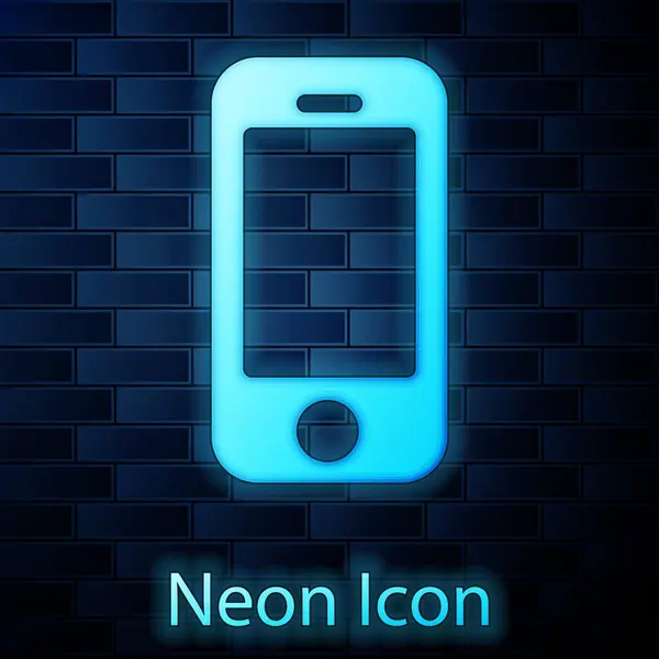 Parlayan Neon Akıllı Telefon Cep Telefonu Simgesi Tuğla Duvar Arkasında — Stok Vektör