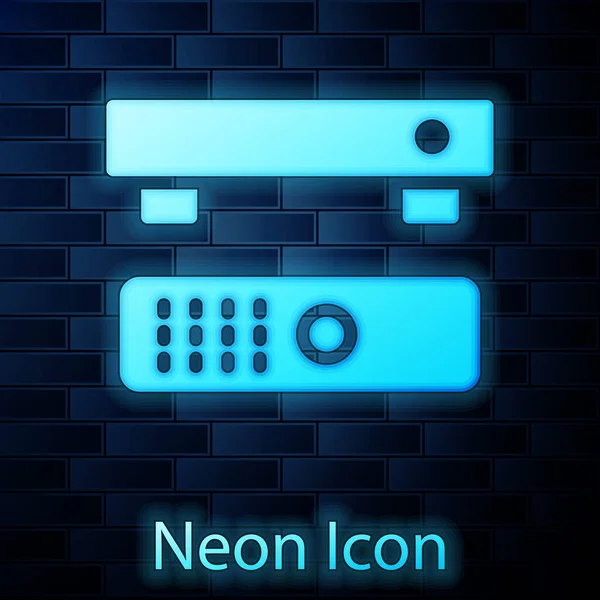 Gloeiende Neon Multimedia Box Ontvanger Speler Met Afstandsbediening Pictogram Geïsoleerd — Stockvector