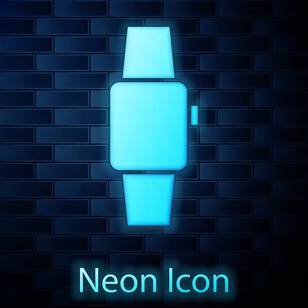 Leuchtende Neon Smartwatch Symbol Isoliert Auf Backsteinwand Hintergrund Vektor — Stockvektor