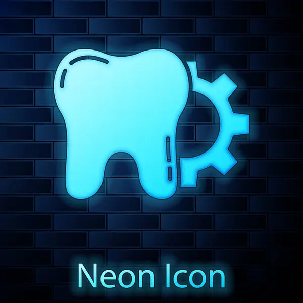 Glowing Neon Tooth Treatment Procedure Icon Isolated Brick Wall Background — Stock Vector