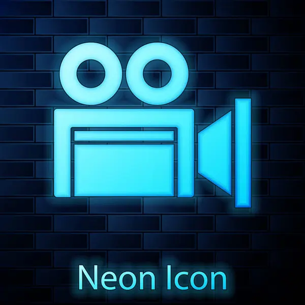 Zářící Neon Cinema Ikona Kamery Izolované Cihlové Zdi Pozadí Videokamera — Stockový vektor