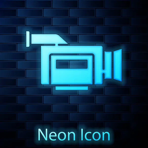 Gloeiende Neon Cinema Camera Icoon Geïsoleerd Bakstenen Muur Achtergrond Video — Stockvector