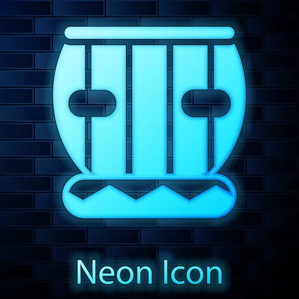 Glödande Neon Indiska Musikinstrument Tabla Ikon Isolerad Tegelvägg Bakgrund Vektor — Stock vektor