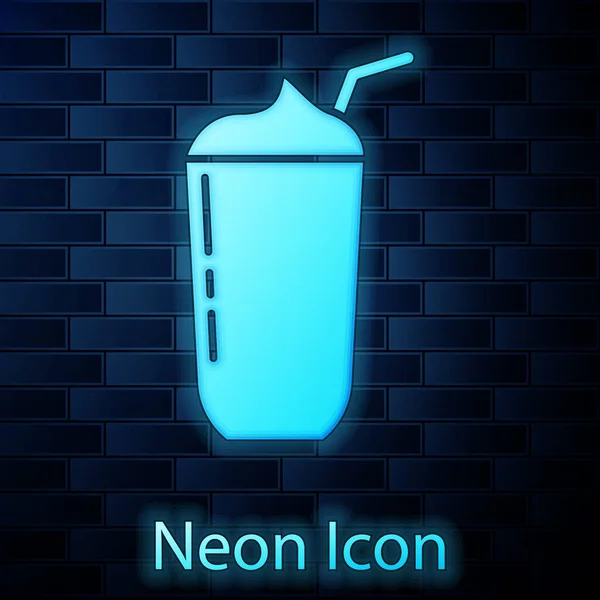 Glowing Neon Milkshake Icon Isolated Brick Wall Background Plastic Cup — Stock Vector