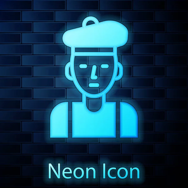 Glowing Neon French Man Icon Isolated Brick Wall Background Vector — Stock Vector