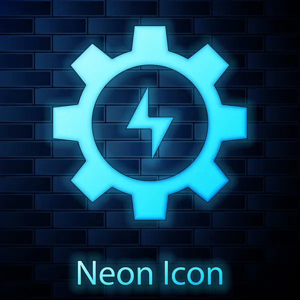 Parlayan Neon Teçhizat Yıldırım Ikonu Tuğla Duvar Arka Planında Izole — Stok Vektör