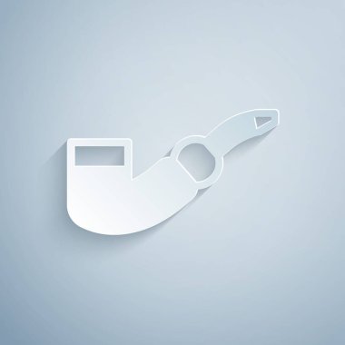 Kağıt kesiği, gri arka planda izole edilmiş sigara içme çubuğu simgesi. Tütün piposu. Kağıt sanatı tarzı. Vektör.