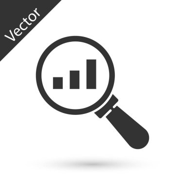 Beyaz zemin üzerinde gri büyüteç ve veri analiz simgesi izole edildi. Vektör.