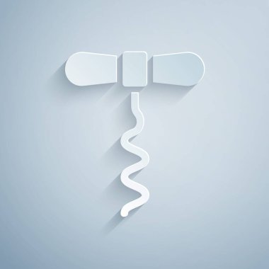 Kağıt kesiği şarap tirbuşonu simgesi gri arka planda izole edilmiş. Kağıt sanatı tarzı. Vektör.