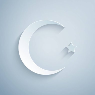 Kağıt kesiği Yıldız ve Hilal - gri arkaplanda izole edilmiş İslam simgesi. Din sembolü. Kağıt sanatı tarzı. Vektör.
