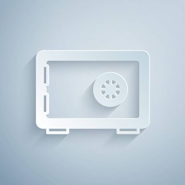 Kağıt kesiği Gri zemin üzerinde güvenli simge izole. Kapı, şifreli bir banka kasası. Güvenilir Veri Koruma. Kağıt sanatı tarzı. Vektör.