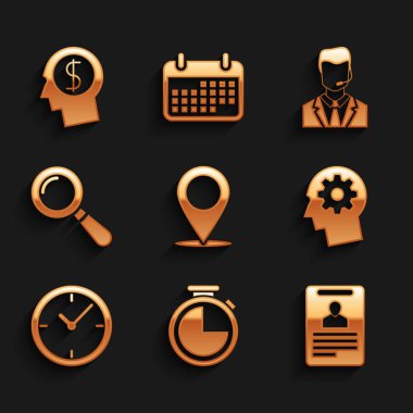 Harita iğnesinin kimlik kartını saat ve büyüteç simgesi içinde insan kafasıyla ayarla. Vektör.