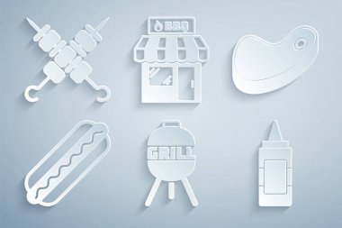 Barbekü ızgara biftekli sandviç, sosisli sandviç, hardal şişesi ve ızgara şiş kebap ikonu hazırla. Vektör.