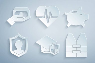 Mezuniyet kepini SHIELD Piggy Life sigorta ceketiyle değiştir Sağlık ve Yığınlar kağıt para nakit ikonu. Vektör.