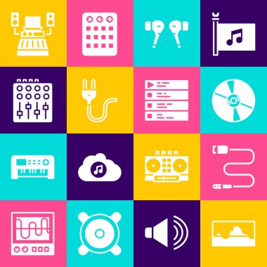 Müzik dalgası dengeleyicisi Ses CD 'si veya DVD disk Air kulaklıkları Elektrik prizi ses karıştırıcı denetleyici kayıt stüdyosu ve çalma listesi simgesi ayarla. Vektör.