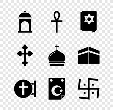 Müslüman Cami Haçı Ankh Yahudi haçı Hıristiyan haçı, Hilal Hindu gamalı haçı ve Kilise kulesi ikonu. Vektör.