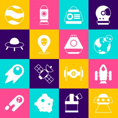 UFO uçan uzay gemisi Roket Dünya uzay kapsülü Uzaylı Gezegeni ve simgesini ayarlayın. Vektör.