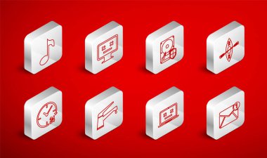 Yeni gelen iletiyi ayarla Ölü monitör sabit disk sürücü HDD koruma kano ve kürek dizüstü bilgisayar nota tonu su musluğu ve 24 saat simgesi. Vektör.