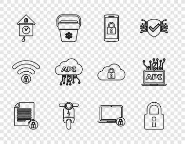 Hat Dökümanını ayarla ve Smartphone 'u elektrikli scooter Retro duvar ile kilitle Cloud api arayüzü Laptop ve Bilgisayar simgesi izle. Vektör.