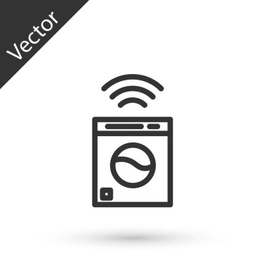 Gri çizgi Akıllı yıkama sistemi simgesi beyaz arkaplanda izole edildi. Çamaşır makinesi simgesi. İnternet kavramının kablosuz bağlantısı. Vektör.