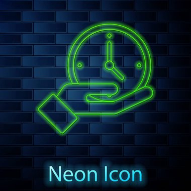 Parlayan neon hat saat simgesi tuğla duvar arka planında izole edildi. Zaman sembolü. Vektör.